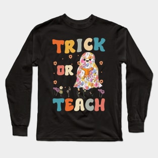 Groovy Halloween Trick Or Teach Retro Floral Ghost Teacher Long Sleeve T-Shirt